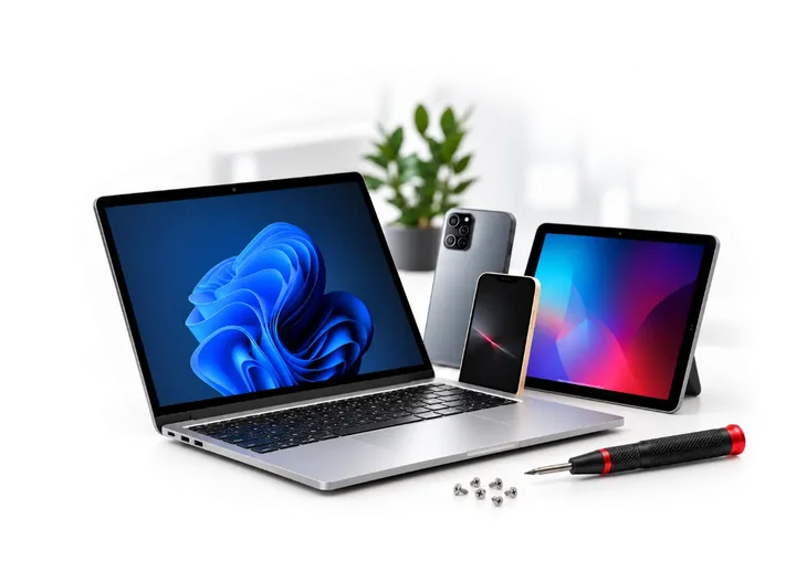 Laptop-, Smartphone- und Tablet-Reparatur bei SNOGARD in Frechen bei Köln: Notebook, Handy und Tablet mit Werkzeug auf der Werkbank